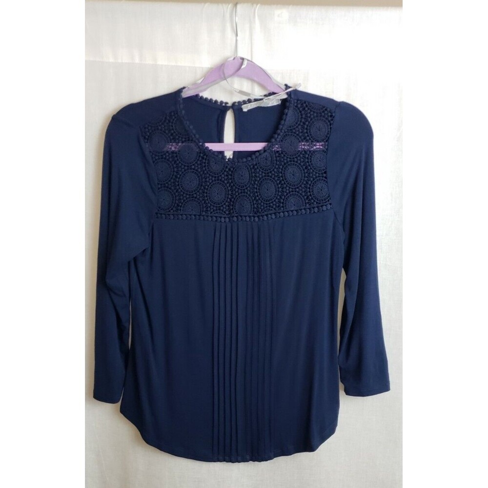 Daniel Rainn Top Blouse Petite XS Pintuck Lace Crochet Bodice‎ Keyhole Navy Blue